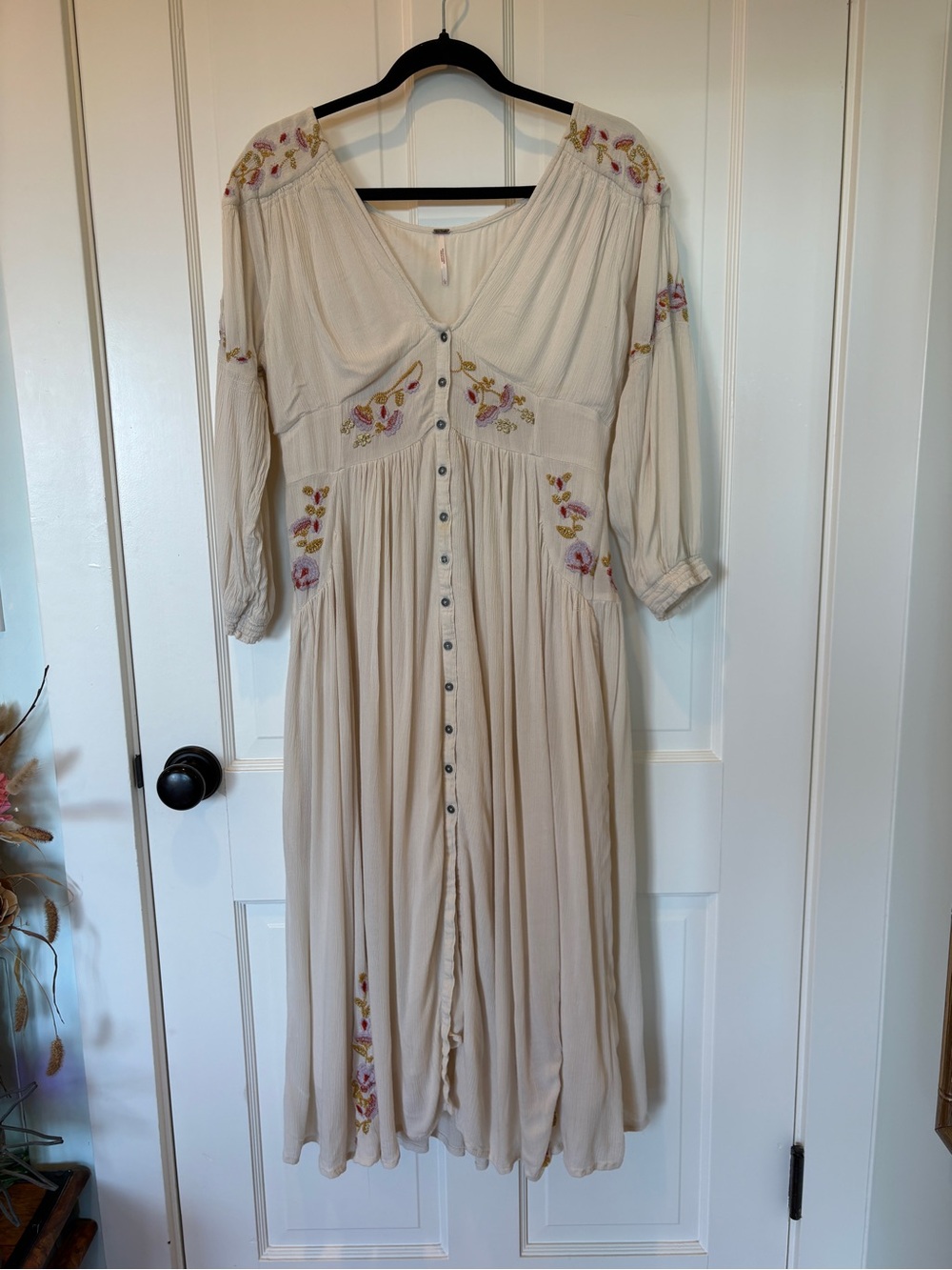 Free People Day Glow Cream Embroidered  Boho Midi Dress